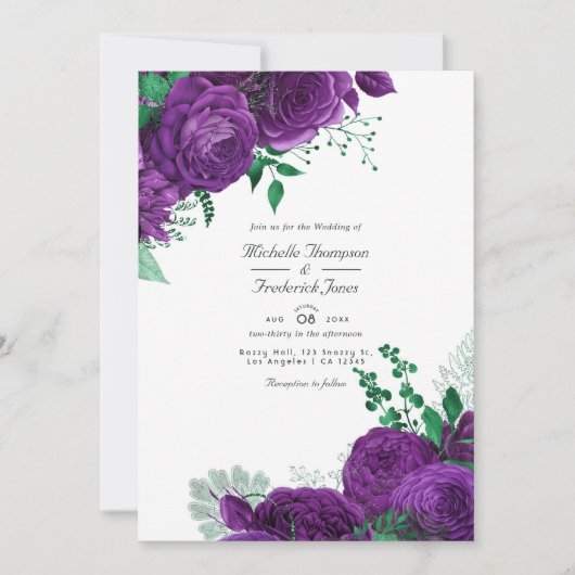 Paars en groene Waterverf Floral Wedding Kaart (Voorkant)