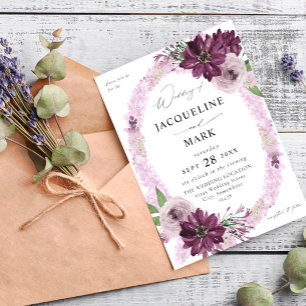 Paars en lavender Floral Ring Wedding Kaart