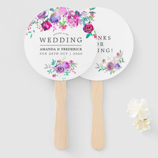 Paars en Mint Floral Wedding Favor Handwaaier (Voorkant en achterkant)