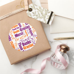Paars en Oranje Dank u Word Cloud Ronde Sticker