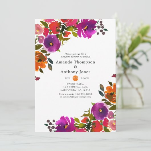 Paars en Oranje Floral Couples Shower Kaart (Staand voorkant)