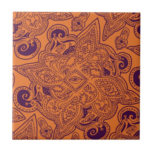 Paars en Oranje Perzisch Mandala Star Pattern Tegeltje (Voorkant)