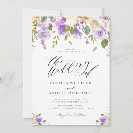paars en perziken waterverf florale bruiloft kaart (Voorkant)