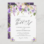 paars en perziken waterverf florale bruiloft kaart (Voorkant / Achterkant)
