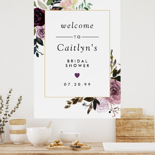 Paars en roze bloemrijke bruids-shower welkomstbor poster (Keuken)