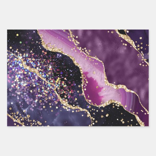 Paars en roze Glitter Agate en Gold Faux Inpakpapier Vel (Voorkant 3)