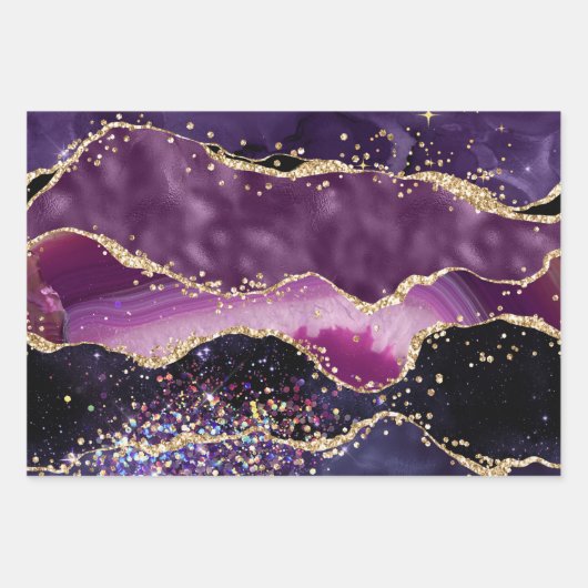 Paars en roze Glitter Agate en Gold Faux Inpakpapier Vel (Voorkant)