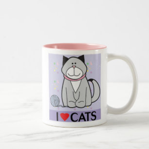 Paars en roze ik hou van katten tweekleurige koffiemok