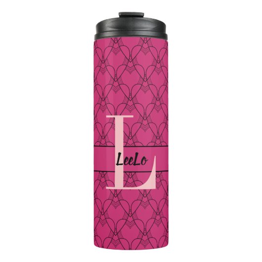 Paars en roze kunstmonogram en naam thermosbeker (Voorkant)