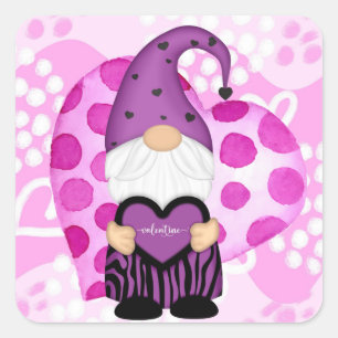Paars en roze pokstip Valentijn Gnome Vierkante Sticker