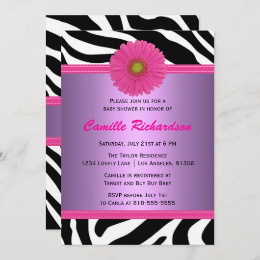 Paars en roze, Zebra, meisje-Baby shower Kaart (Voorkant / Achterkant)