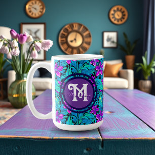 Paars en turkooisblauw bloemmotief gepersonaliseer koffiemok