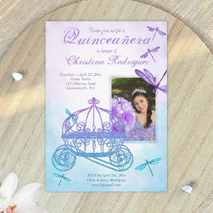 Paars- en Turquoise Carriage Quinceañera Kaart
