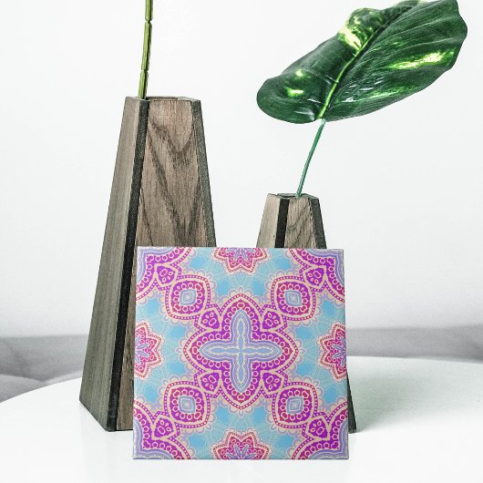 Paars en Turquoise etnisch Kaleidoscopisch patroon Tegeltje