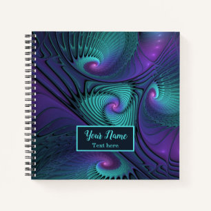 Paars en Turquoise, moderne abstracte Fractal Naam Notitieboek