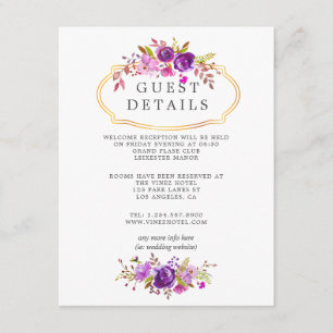 Paars en Violet Floral Wedding Guest Details Informatiekaartje
