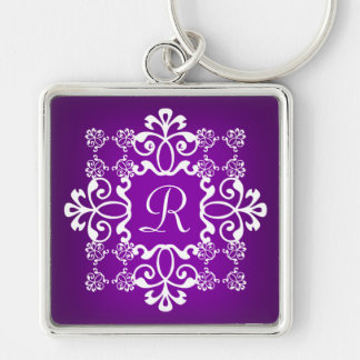 Paars en wit Damask Monogrammed Sleutelhanger