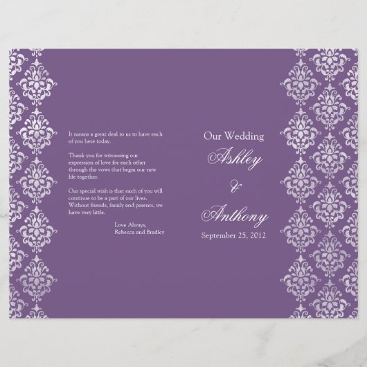 Paars en wit Damask vouwbaar weddenschapsprogramma (Voorkant)