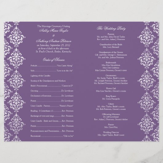Paars en wit Damask vouwbaar weddenschapsprogramma (Achterkant)