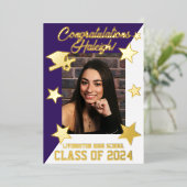 Paars en wit diagonaal Afstuderen Gold Folie Uitnodiging (Staand Voorkant)