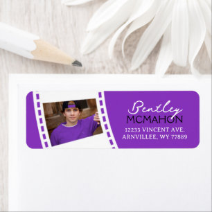 Paars en Wit Filmstrip Foto Retouradres Etiket