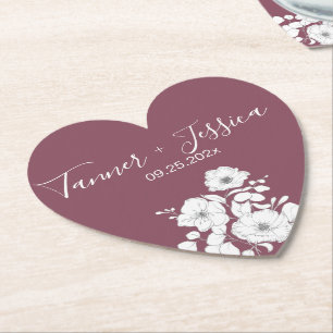 Paars en wit Floral Wedding Heart Kartonnen Onderzetters