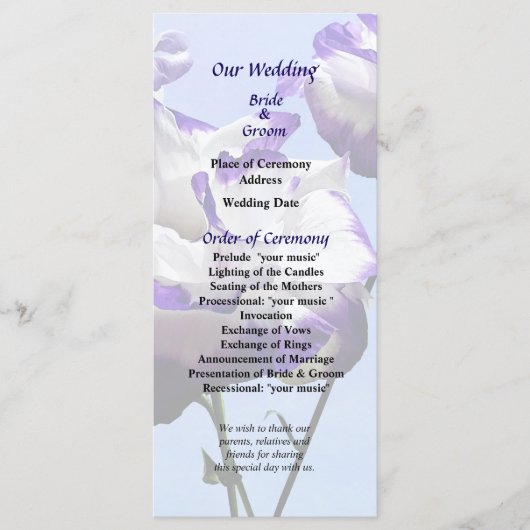 Paars en wit lisianthus-huwelijksprogramma programma (Voorkant)