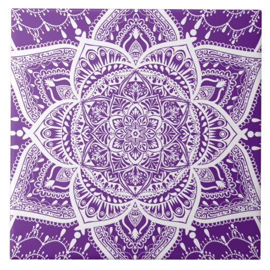 Paars en wit Mandala - Loergann in Eggplant Tegeltje (Voorkant)