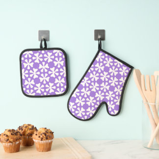 Paars en wit modern geometrisch bloempatroon ovenwant & pannenlap set