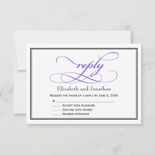 Paars en witte script huwelijksreactiekaart RSVP kaartje (Voorkant)