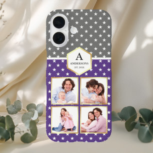 Paars en Witte Sterren Patroon Fotocollage iPhone 16 Hoesje
