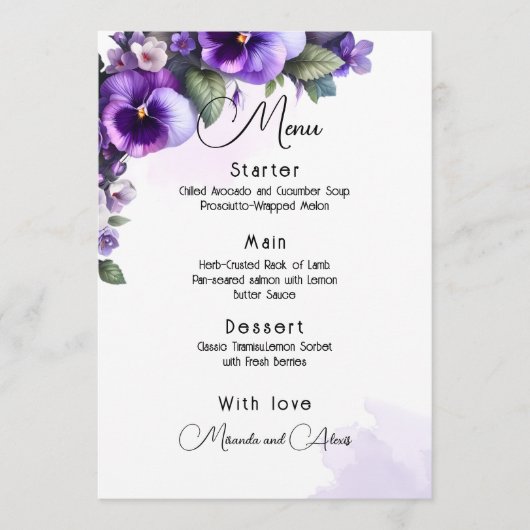 Paars en zilver bloemmotief op ivoor menu (Voorkant)