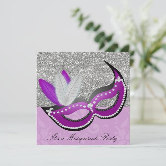 Paars en zilver Masquerade Party Venetiaans Masker Kaart (Staand voorkant)