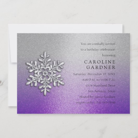 Paars en zilver met Snowflake Winter Birthday Kaart (Voorkant)