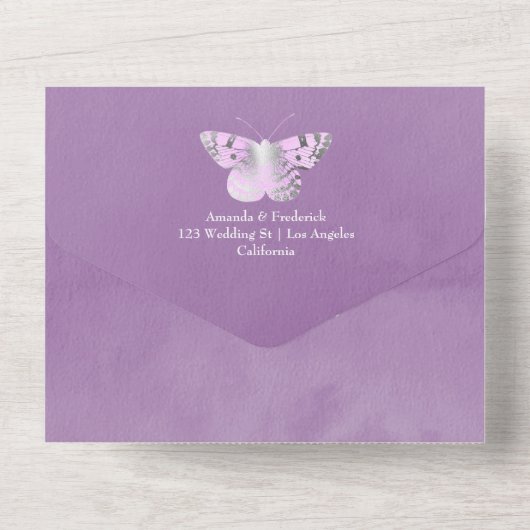 Paars en zilver Roos Wedding All In One Uitnodiging (Achterkant)