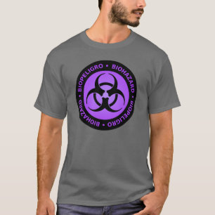 Paars en zwart tweetalig biogevaarsymbool T-shirt
