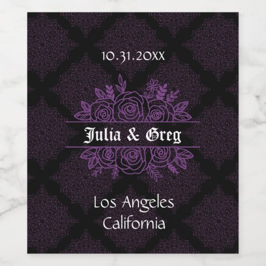 Paars en zwarte gothische bruiloft Wijnflesetiket Wijn Etiket (Enkel label)