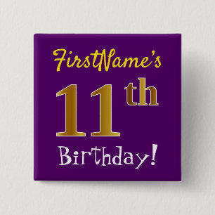 Paars, Faux Gold 11e verjaardag, met aangepaste na Vierkante Button 5,1 Cm