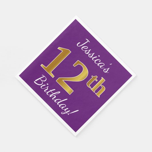 Paars, Faux Gold 12e verjaardag + Eigen naam Servetten (Hoek)