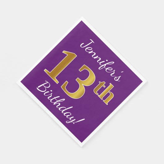 Paars, Faux Gold 13e verjaardag + Aangepaste naam Servetten (Hoek)