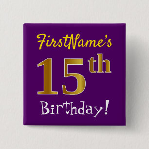 Paars, Faux Gold 15e verjaardag, met aangepaste na Vierkante Button 5,1 Cm