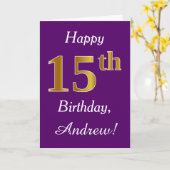 Paars, Faux Gold 15th Birthday + Eigen naam Kaart (Gele Bloem)
