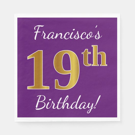 Paars, Faux Gold 19e verjaardag + Eigen naam Servetten (Voorkant)