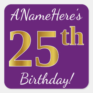 Paars, Faux Gold 25th Birthday + Eigen naam Vierkante Sticker