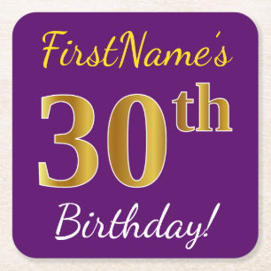 Paars, Faux Gold 30th Birthday + Eigen naam Vierkante Kartonnen Onderzetter