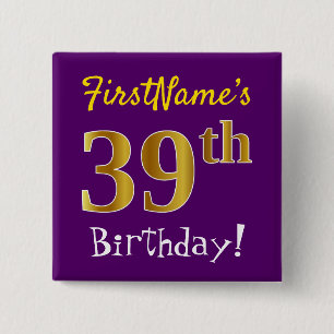 Paars, Faux Gold 39th Birthday, met aangepaste naa Vierkante Button 5,1 Cm