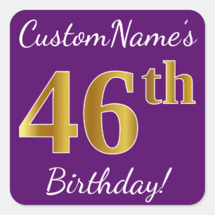 Paars, Faux Gold 46th Birthday + Eigen naam Vierkante Sticker