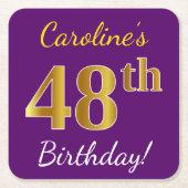 Paars, Faux Gold 48th Birthday + Eigen naam Vierkante Kartonnen Onderzetter (Voorkant)
