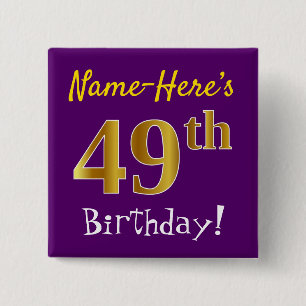 Paars, Faux Gold 49e verjaardag, met aangepaste na Vierkante Button 5,1 Cm