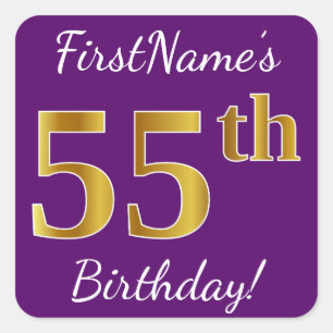 Paars, Faux Gold 55th Birthday + Eigen naam Vierkante Sticker